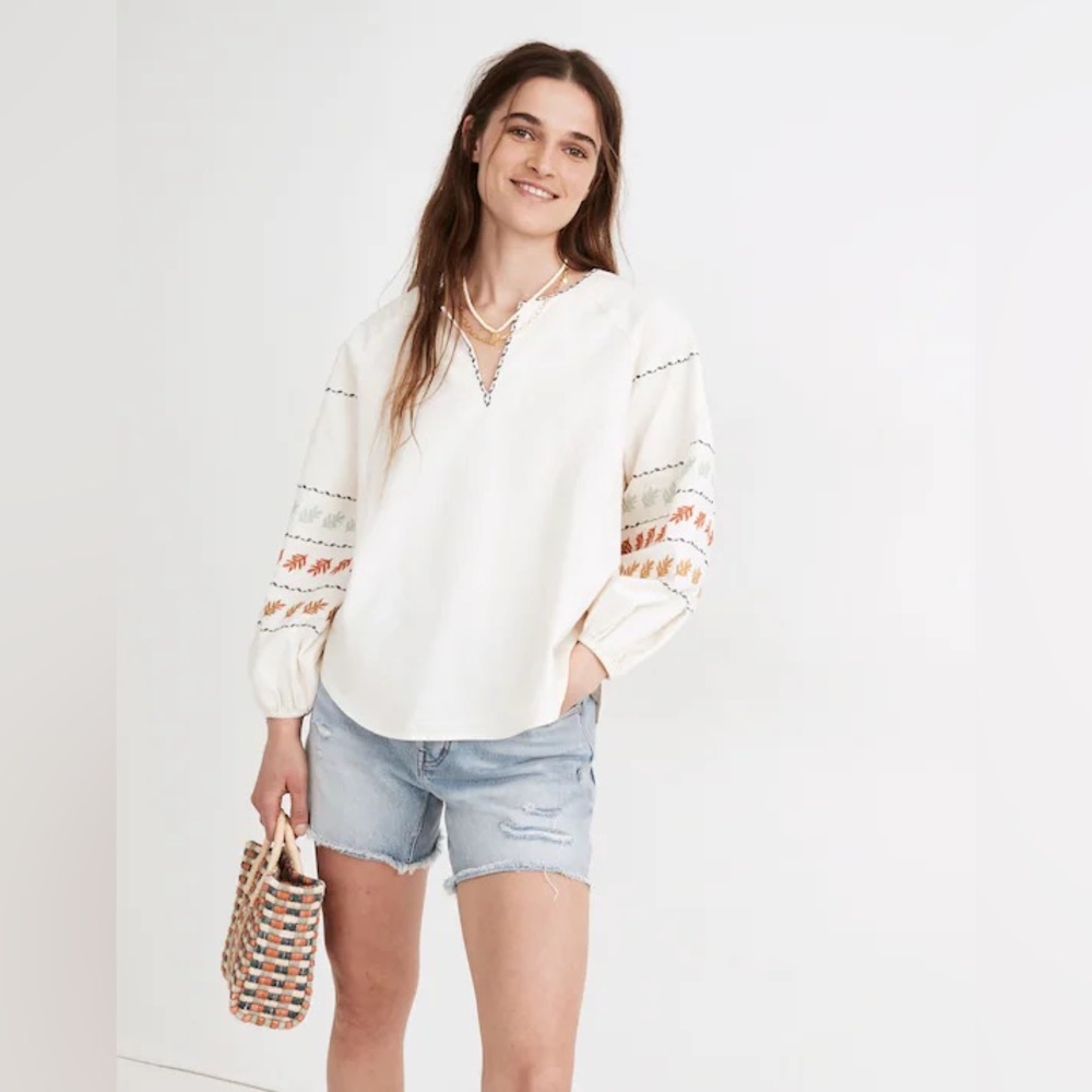Madewell Embroidered Sleeve Popover Top Size Xlarge